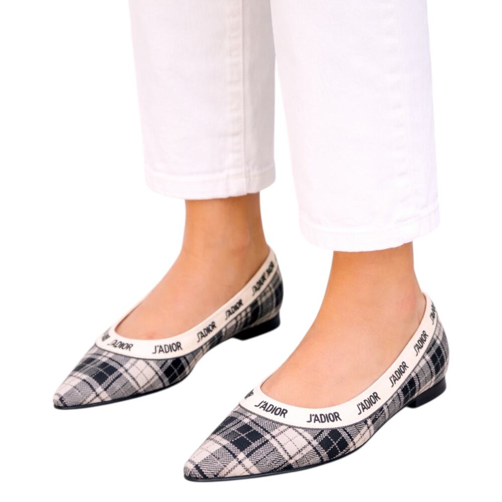 Christian Dior J'adior Embroider Tartan Print Pointed Toe Flats Size 39.5